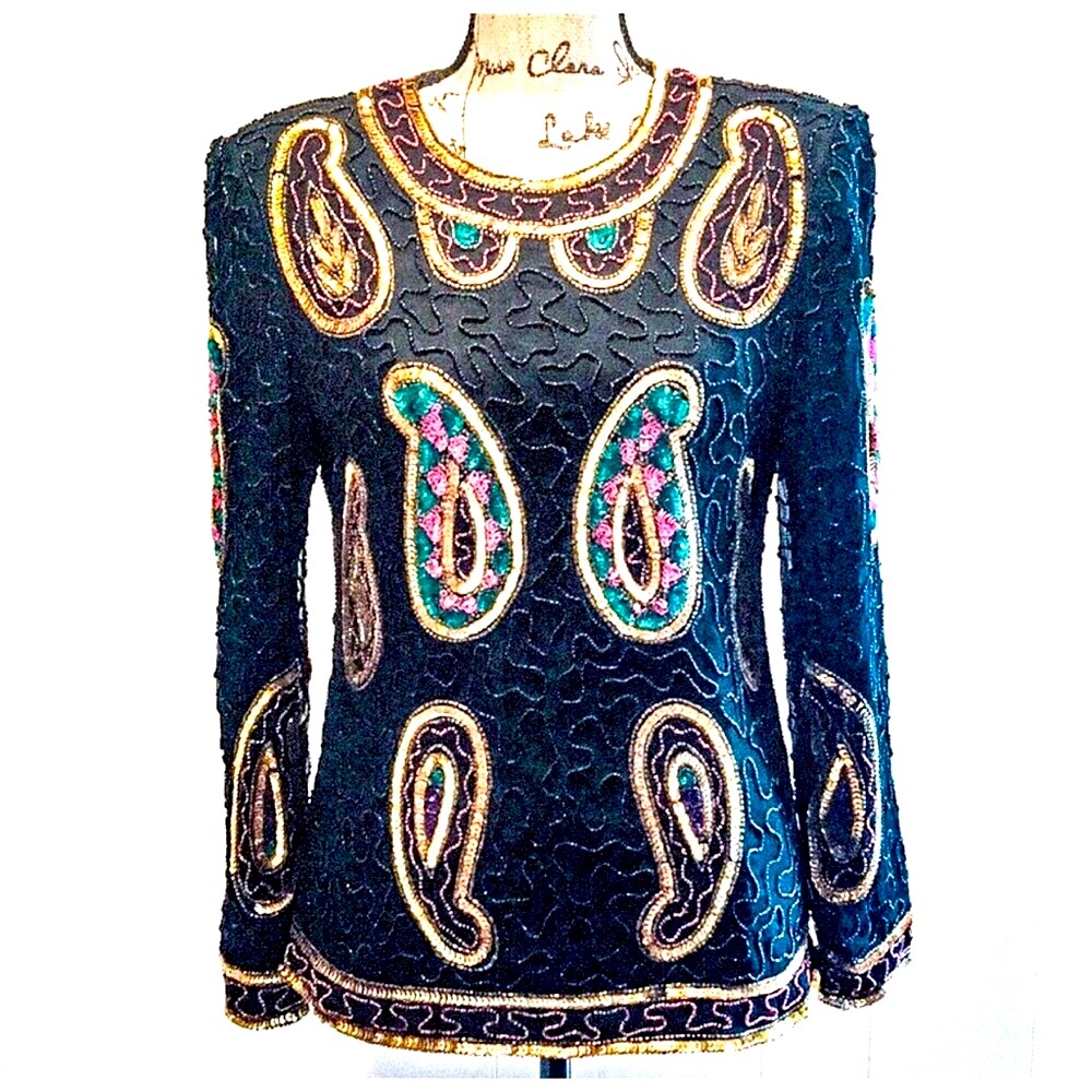 LAURENCE KAZAR Vintage long sleeve Black Gold Multicolor Paisley Beaded Top SZ M